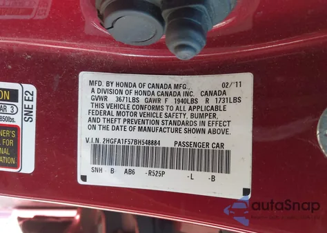 2011 Honda Civic Lx z USA, uszkodzony, nr VIN 2HGFA1F57BH548884